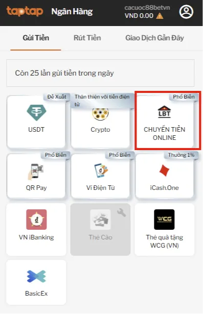 Gửi tiền 188BET bước 2